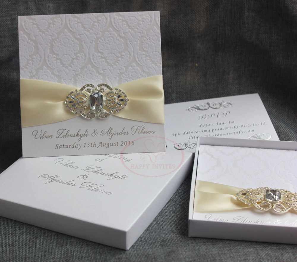 HI6023-08 Elegant White Flocking Invites with Ribbon and Brooch