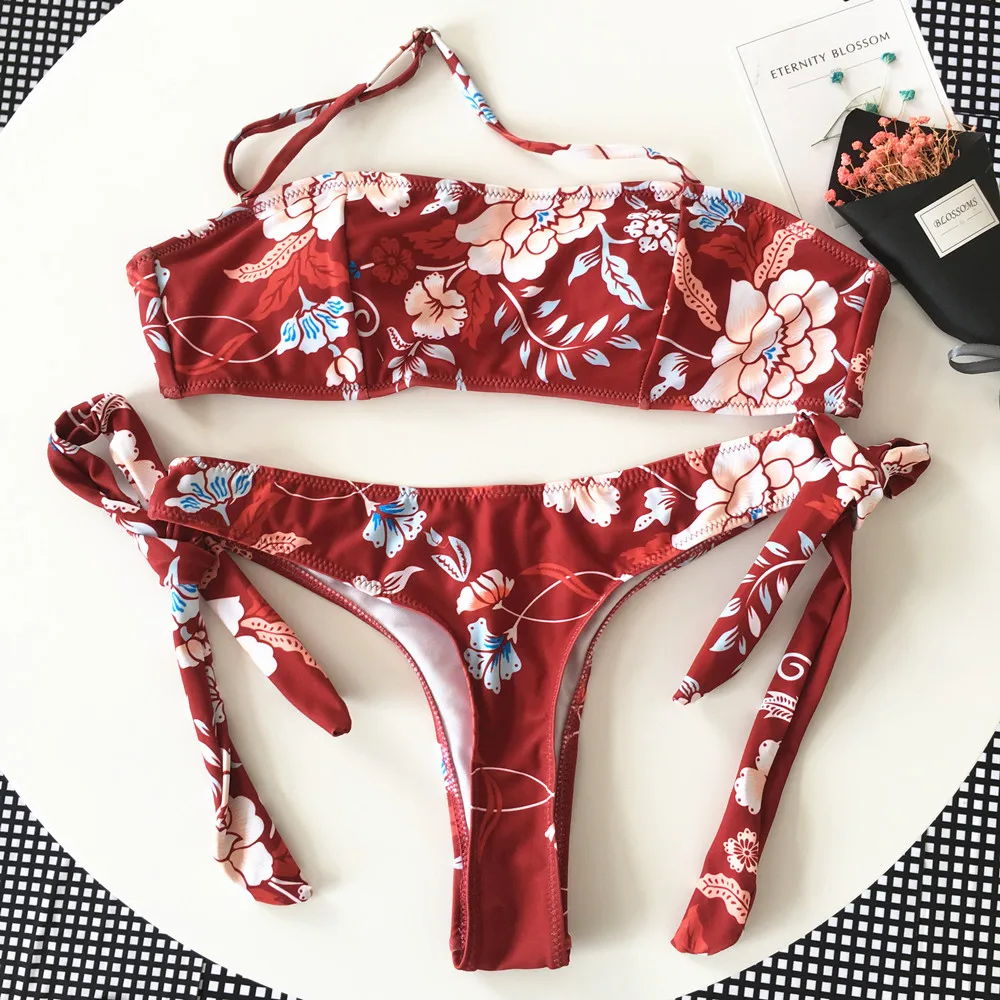 

Floral Bikini Set 2019 Plus Size Sexy Swimsuit Swimwear Bathing Suit Women Bandeau Bikinis Women Beach Wear Monokini Red