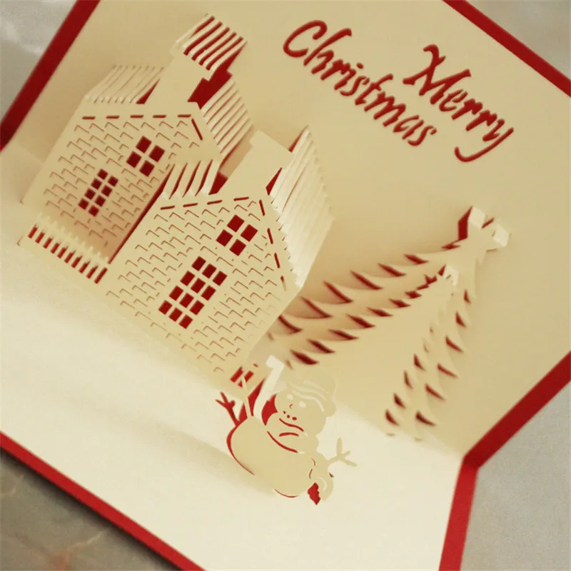 

6 pcs Red Christmas Castle 3D laser cut pop up paper handmade postcards custom wholesale greeting cards Xmas gifts 10*15cm