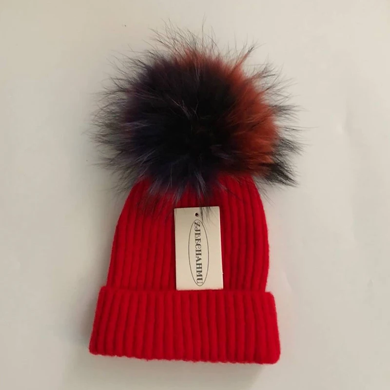 Повседневные помпоны из натурального Лисьего меха и норки, 15 см, Skullies Beanies, шапки для женщин и девушек, зимние шерстяные теплые шапки Skullies Beanies, шапки, Новые шапки - Color: Children Red