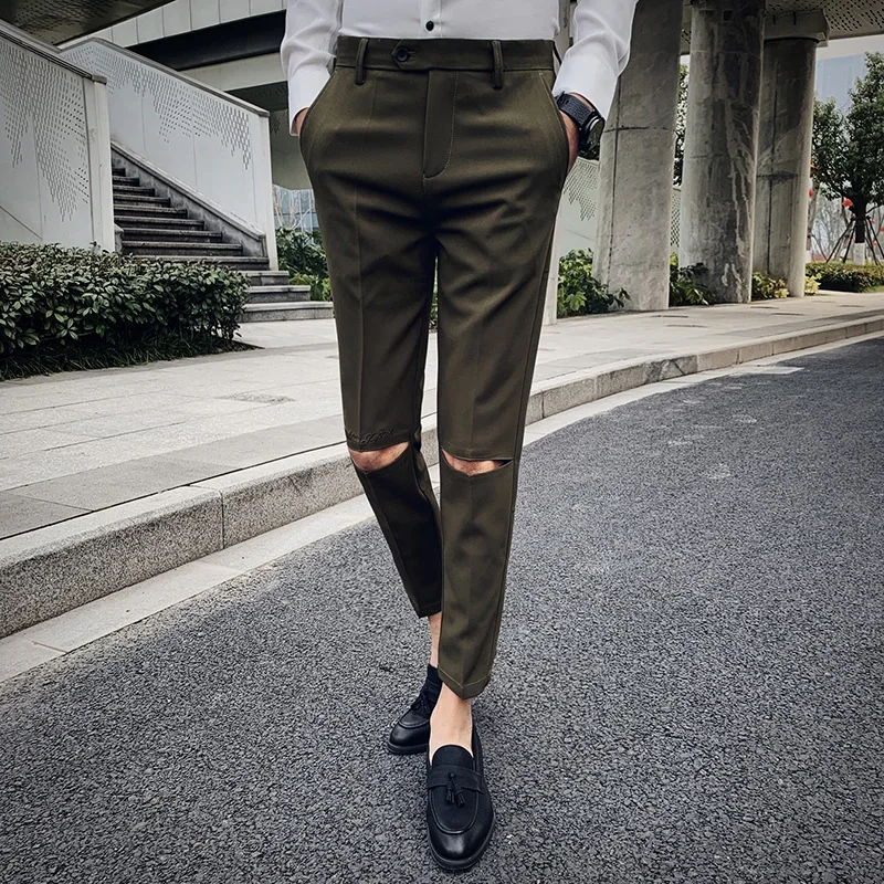 

Hole embroidery design Casual Pants Men Dress slim Calf-Length Pants trousers Mens Fashion Korean trousers Male Brand Clothing