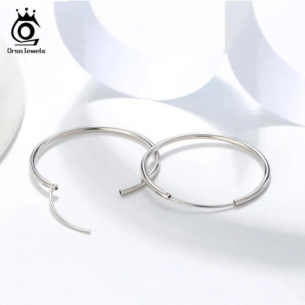 ORSA JEWELS Solid 925 Sterling Silver Round Hoop Earrings For Women 30 40 50 MM Female Circle Earrings Fashion Jewelry SE146 - Image 2