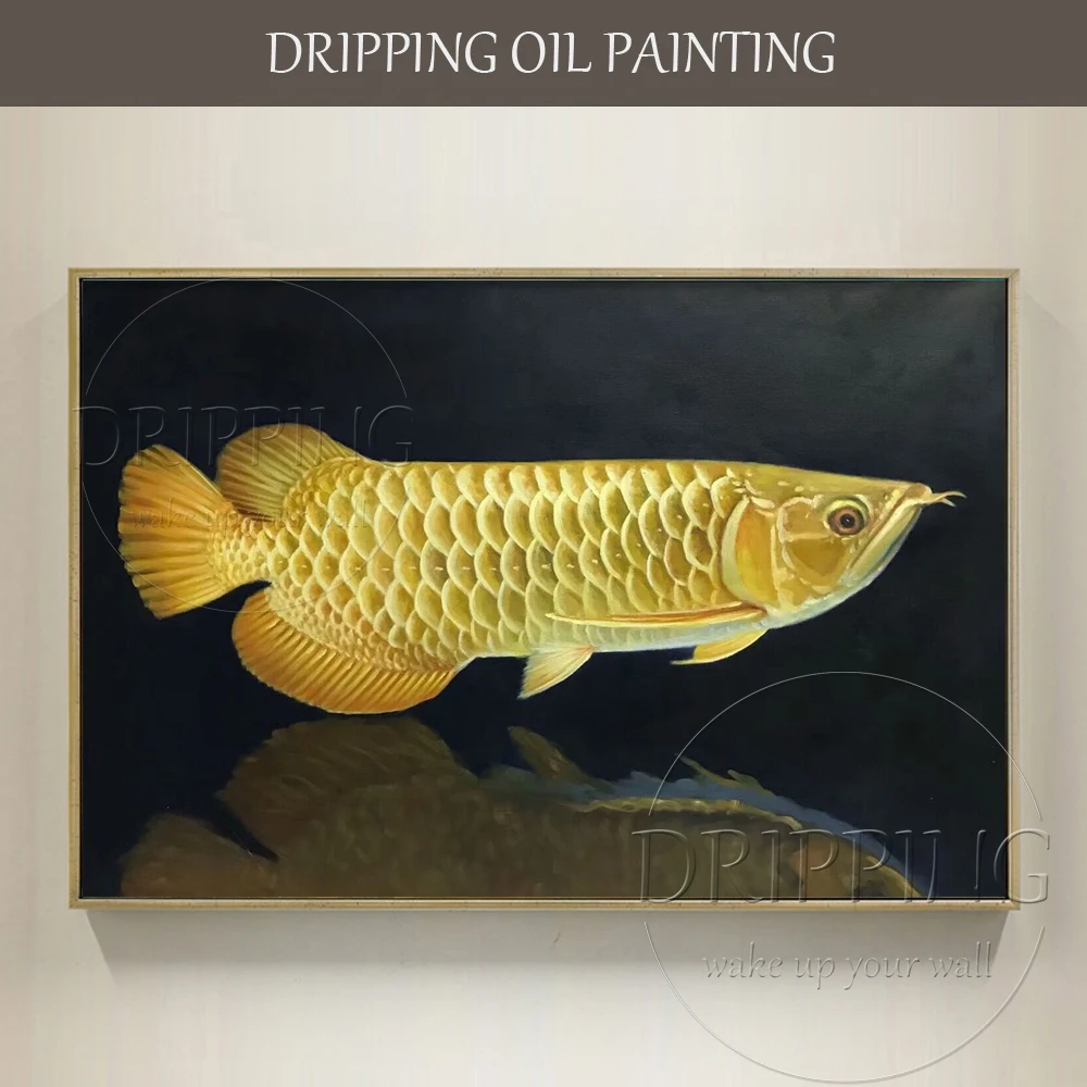 

Artist Hand-painted Rich Fish Gold Arowana Oil Painting Beautiful Golden Dragon Fish Arowana Oil Painting for Wall Decoration