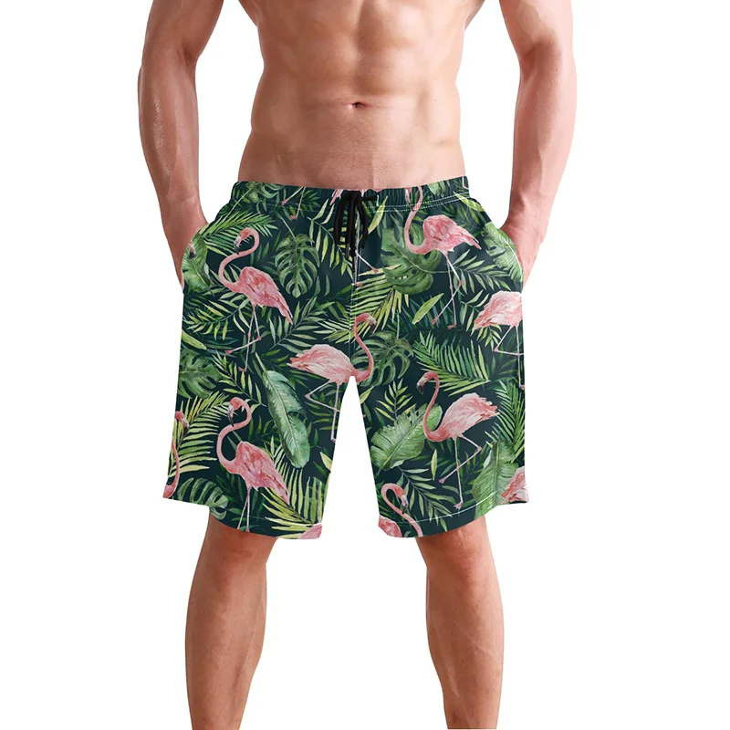 Tropical Leaf Flamingo Printed Beach Shorts Mens Trunks Swim Short