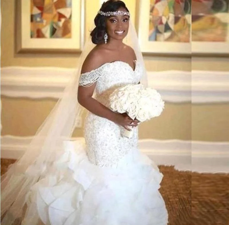 

African Mermaid Wedding Dresses Ruffles Off The Shoulder Capped Beads Sequins Bridal Gowns Ruffles Skirt Plus Size Wedding Dress