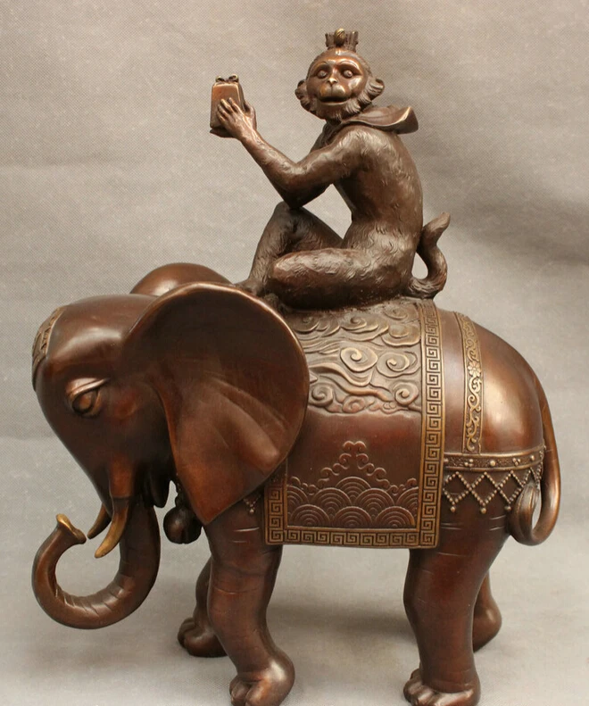 

song voge gem S5284 16" Folk Chinese Pure Bronze Monkey Hold Seal Ride Elephant Heffalump Statue