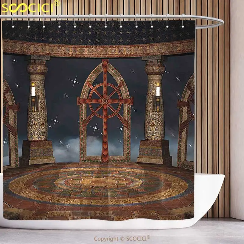 

Funky Shower Curtain Medieval Decor Gothic Temple in the Sky Large Terrace Fantasy Architectural Image Brown and Dark Grey
