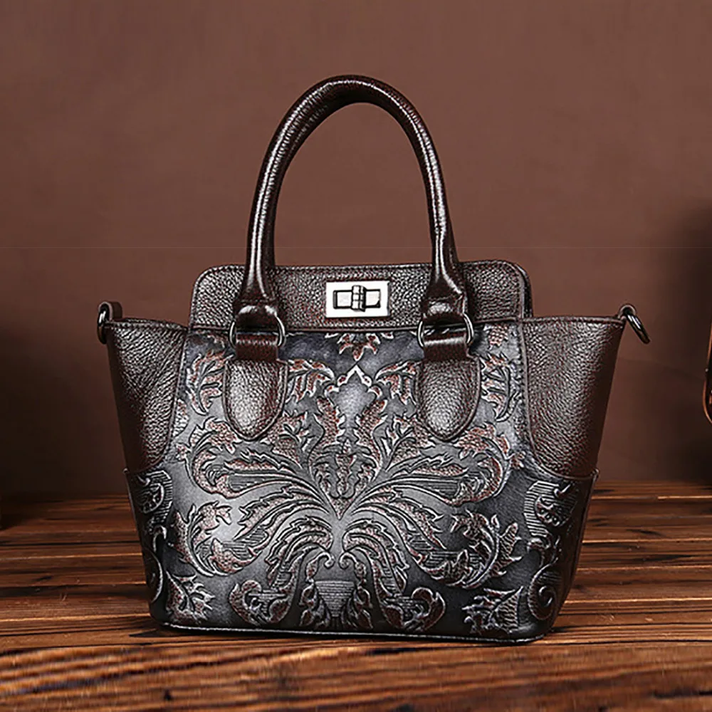 Vintage Designer Women Genuine Embossed Leather Handbag Tote Famous