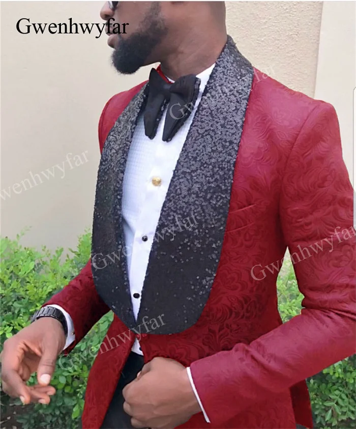 

Gwenhwyfar 2019 Mens Classic 2 Pieces Set Jacquard Suits Stylish Lapel Red Burgundy Wedding Groom Slim Fit Tuxedo Prom Costume