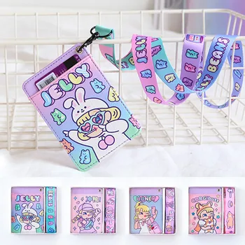 

Girls Cartoon Leather Card Holder Purse Cute Print Neck Hanging Credit Card Purse Student Bus Card Cover Money Wallet Case