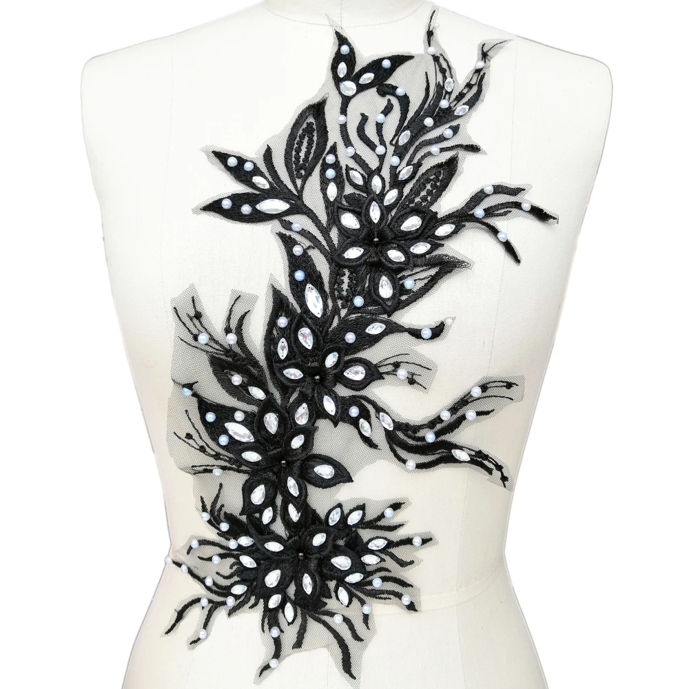 

21x46cm Beaded Black Lace Fabrics Fabric 3D Applique for DIY Material Manufacturing Clothing Design Decor Lace Collar Neckline
