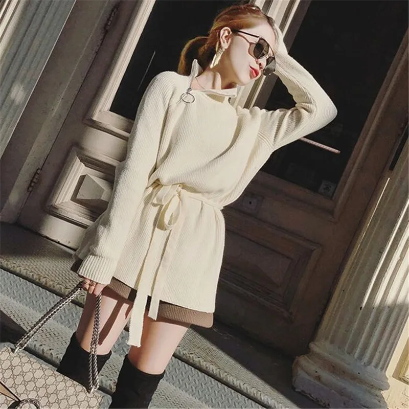 

CBAFU zipper turtleneck solid women sweater split loose lace up soft pullovers female high quality knitted jumper solid D200