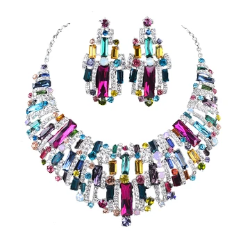 

Hot Jewelry Sets Multi color Crystal Necklaces Set Prom Wedding Party Necklace Earrings Sets Fashion bridal jewelry women Gifts