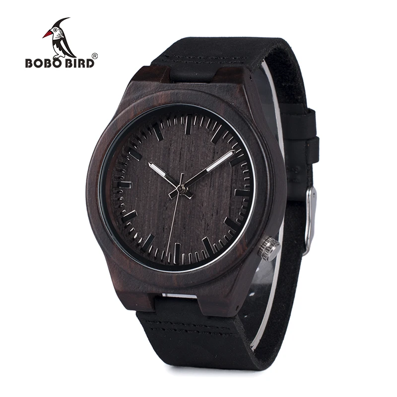 Мужские ассиметричные часы BOBO BIRD WB12 из черного дерева с мягким кожаным ремешком и