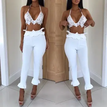 

JIMMYHANK Spring Summer Women Ruffles Pants Slim Spandex Elegant Ladies Trousers Female Ankle Length Pants