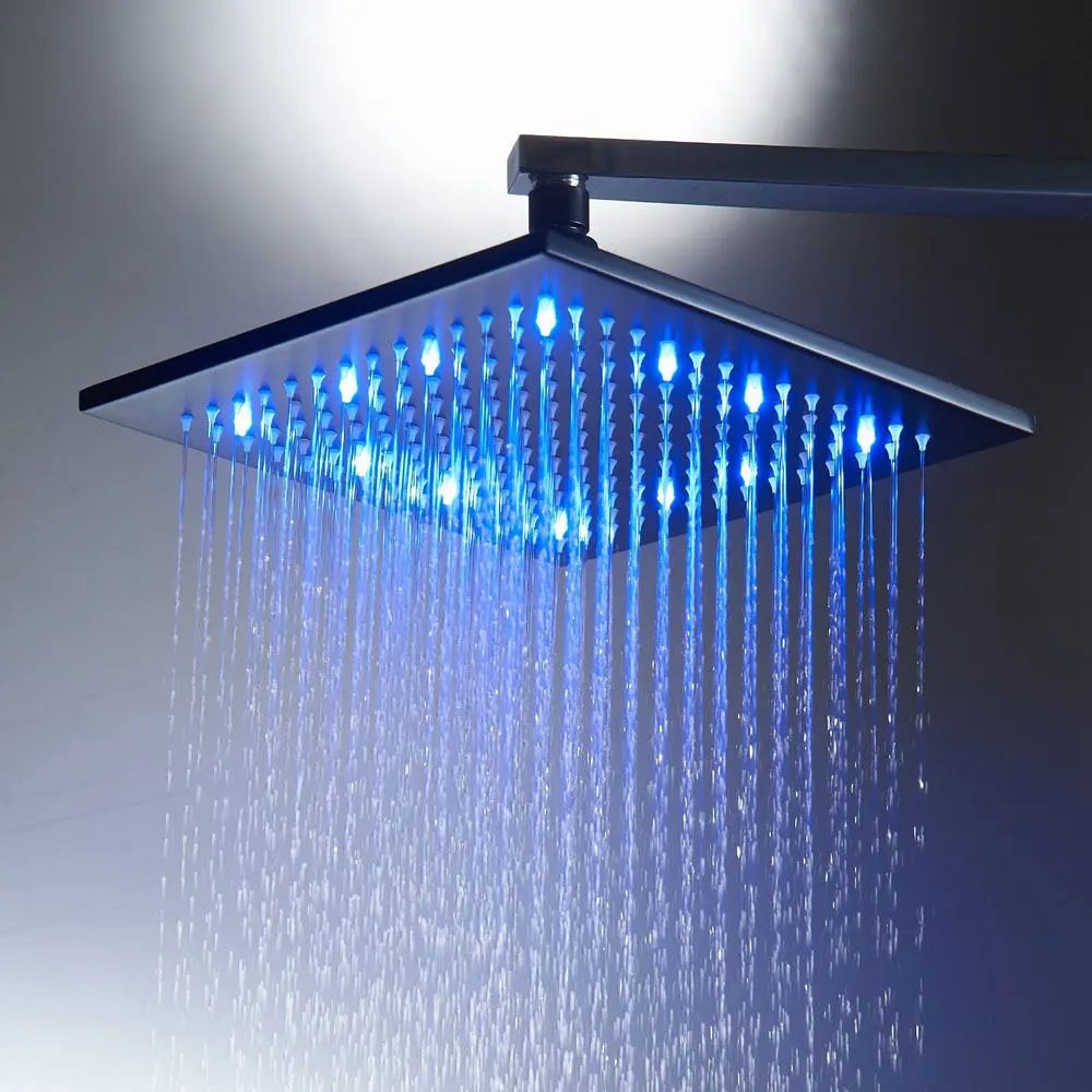 

8" Wall LED Shower Spray Ceiling Mounted Square Adjustable Stainless Steel ORB Sprinkler Head Temperature Sensor 3 Color Change