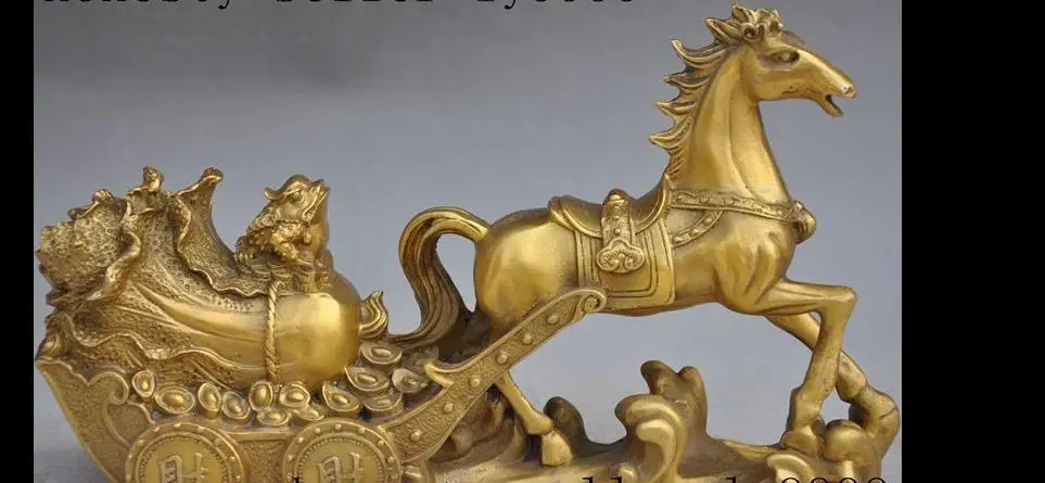 

671115911++12"china brass animal horse Pull cabbage Golden Toad wealth yuanbao lucky statue
