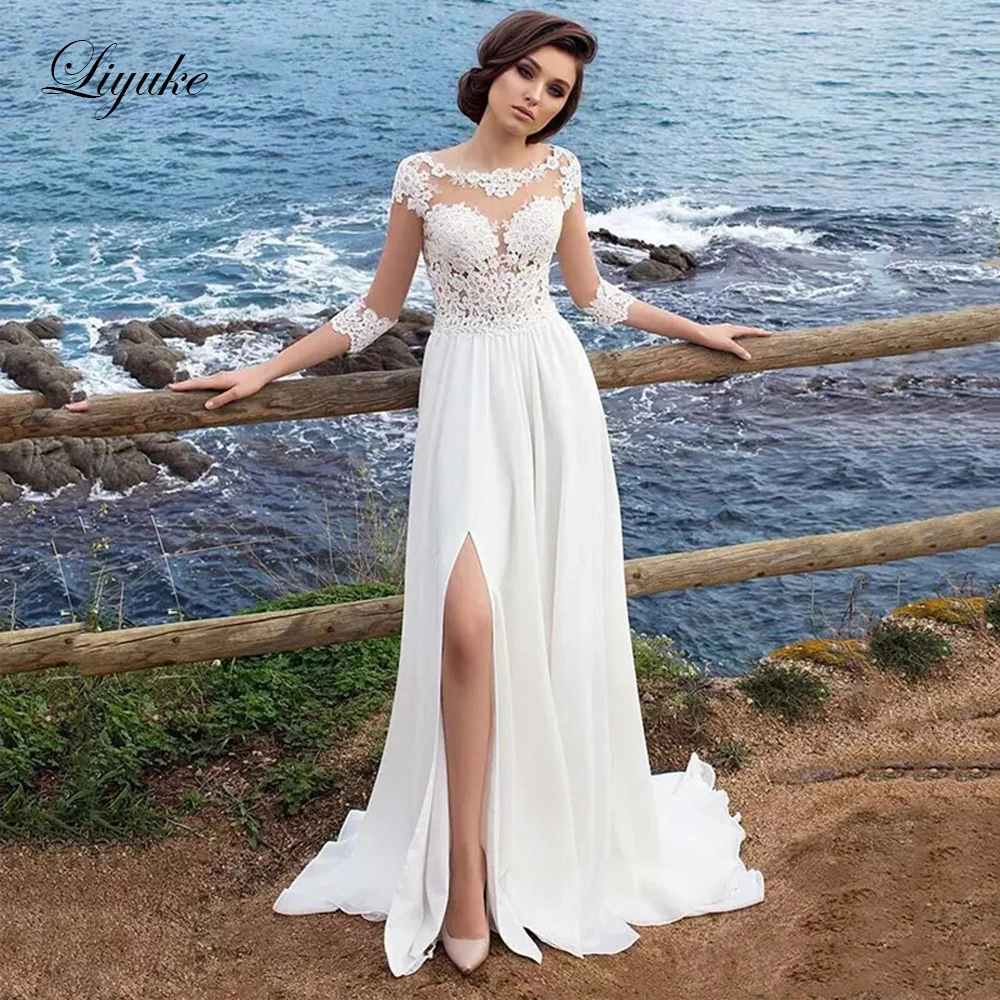Liyuke Simple Beach Wedding Dress A Line Type With  Low Price Puffy Chiffon Skirt Of Natural Waistline