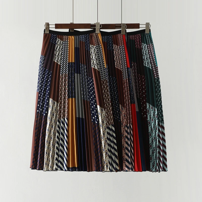 

Spring Summer Vintage Panelled Spliced Pleated Skirts Women Slim High Waist Print Striped Skirt A-Line Plaid Holiday Skirt Mw671
