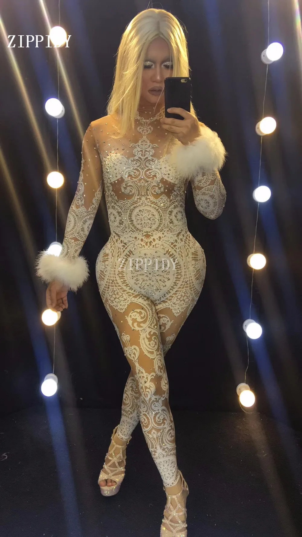Сексуальный белый кружевной обнаженный горный хрусталь комбинезон женский певец Сексуальная сценическая одежда боди цельный костюм блестящий камни стрейч наряд