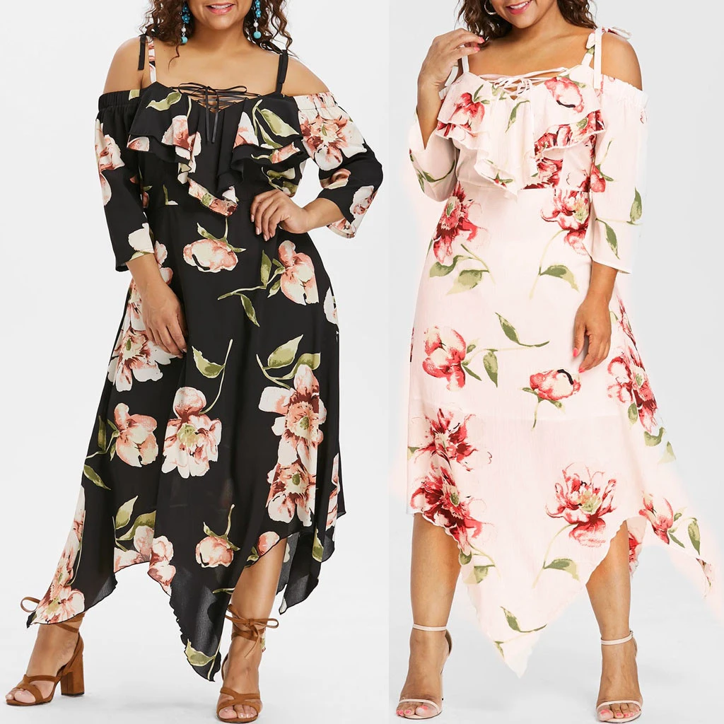 2019 Primavera Verano nuevo vestido de talla grande para mujer vestido encaje con estampado Floral sin hombros informales para señoras vestidos de fiesta|Vestidos| AliExpress