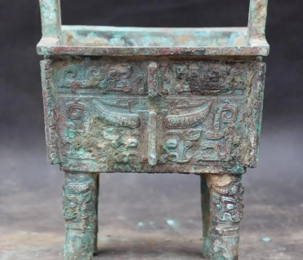 

free shipping Ancient Chinese Dynasty Bronze 4 Foot Beast Head Ding Censer Pot Jar Crock