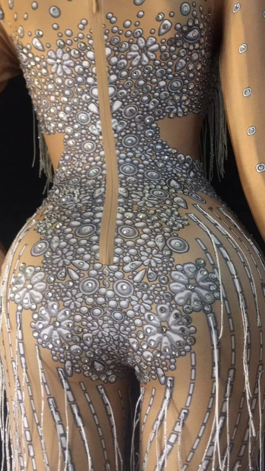 Women Stage Dance Stretch Jumpsuit Costume One-piece Fringes Big Stretch Spandex Rompers Outfit Red Crystals Tassel Jumpsuit 