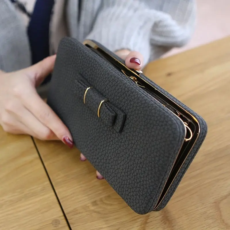 Портативный Женский Длинный кошелек-клатч с бантиком для девушек, большой вместительный кошелек, сумка с карманом для мобильного телефона