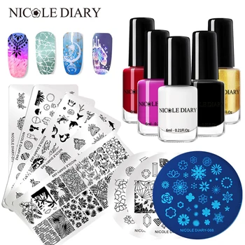 

NICOLE DIARY 6ml Stamping Nail Polish Black Gold Color and Nail Stamping Plates Nail Art Printing Varnish DIY Design