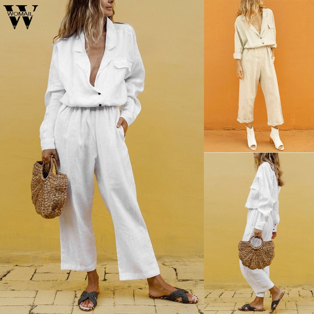 

Womail Women tracksuit Cotton Fashion Casual 2 piece set Button Temperament Suit Pocket long Suits Outfit 2019 J63