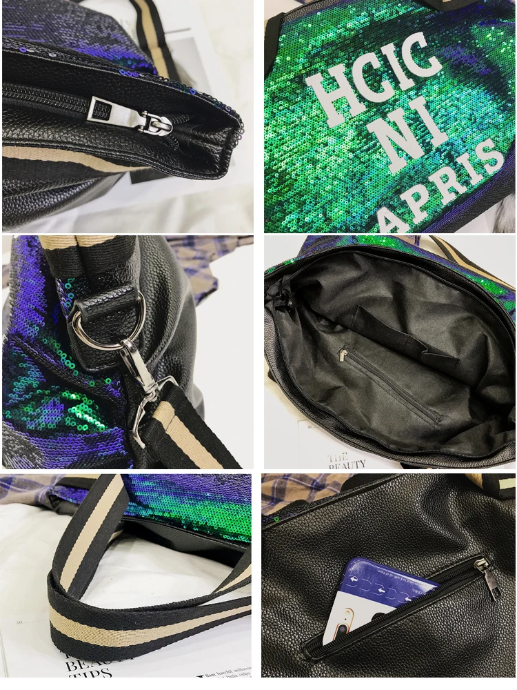  2019 Women reversible Sequins leather pu Gym bag for Fitness Sports Bag Shoulder Crossbody Bag Tote - 32992820562
