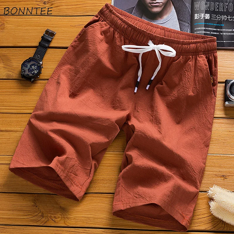 Шорты для мужчин, однотонные, простые, до колена, дышащие, универсальные, с эластичной резинкой на талии, повседневные, свободные, хлопковые, короткие, модные, мягкие