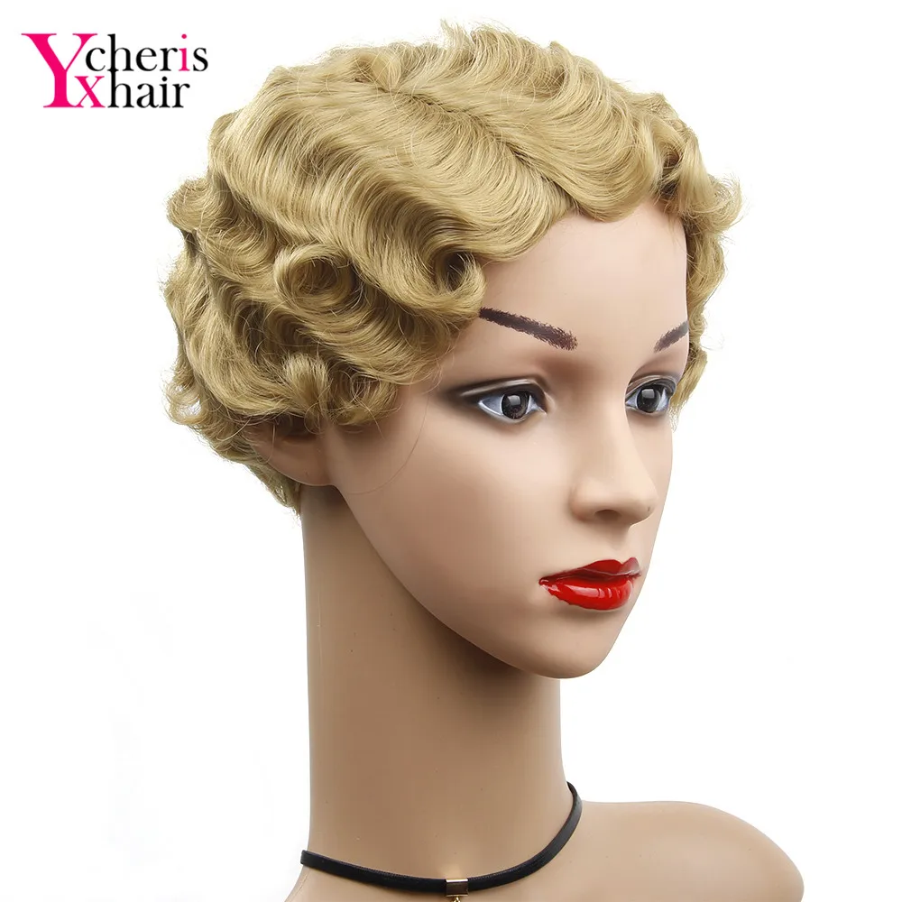 YXCHERISHAIR Short Synthetic Finger Wave Wigs High Temperature Fiber Blonde Synthetic Curly Cosplay Wig