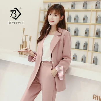 

NEW Fall Winter Women 2 Piece Set Striped Blazer Roll Up Sleeve Jacket High Waist Pants Suit Elegant Office Lady Work S8N506F