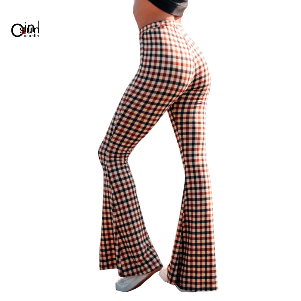 

Osunlin 2019 Women High Waist Bell Bottom Pants Plaid Street Wear Prints Slim Open Split Flare Pants