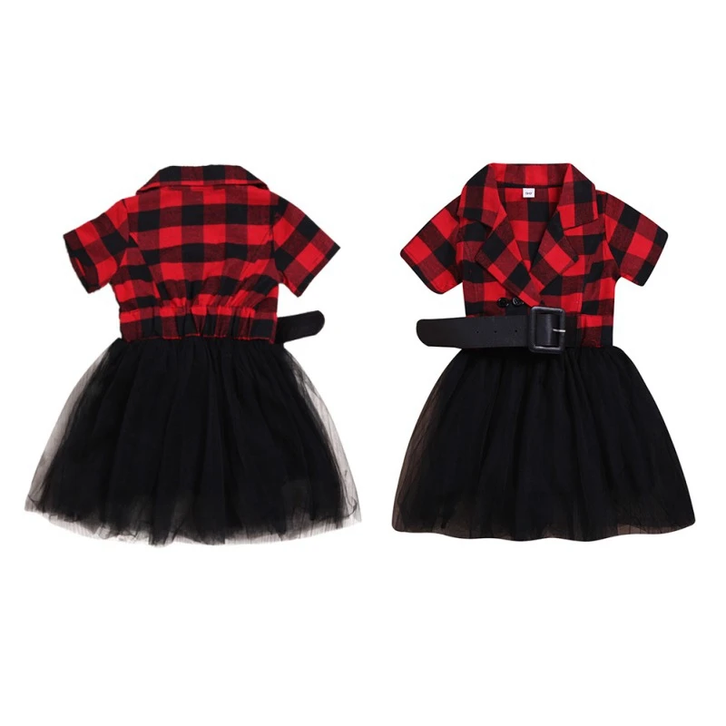 

2019 Summer Kids Girls Casual Short Sleeve Plaid Print Patchwork Design Dress Baby Children Mesh Dresses with Belt 1