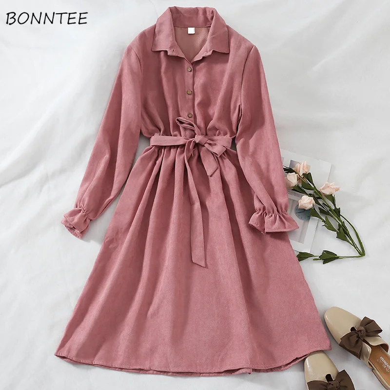Achat Robe femmes rétro élégant Abdomen cordon lanterne manches Chic longues robes femmes Kawaii Style coréen taille haute doux