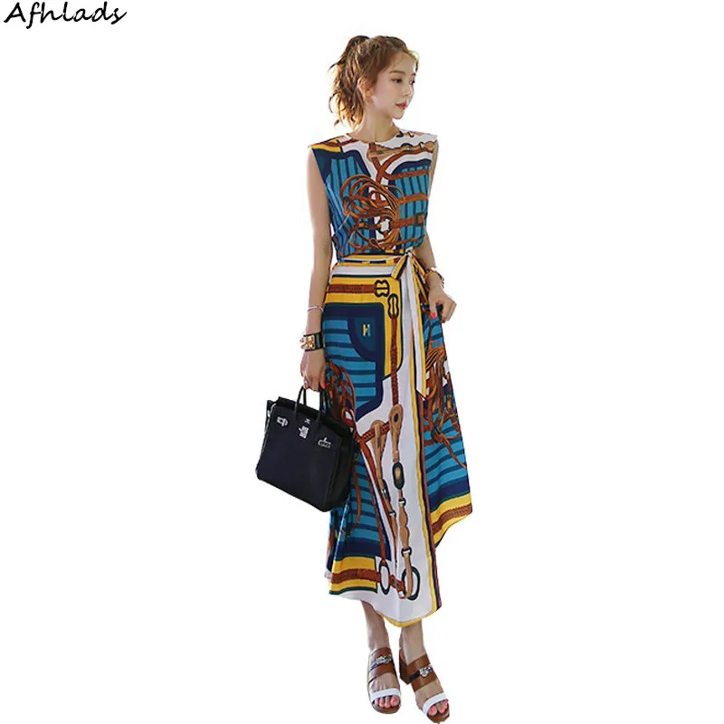 

Sleeveless Print 2018 New Korean Two-piece Fashion style Shirt Waist Women's O-Neck Tops Elastic Waist skirts Two-piece Sets