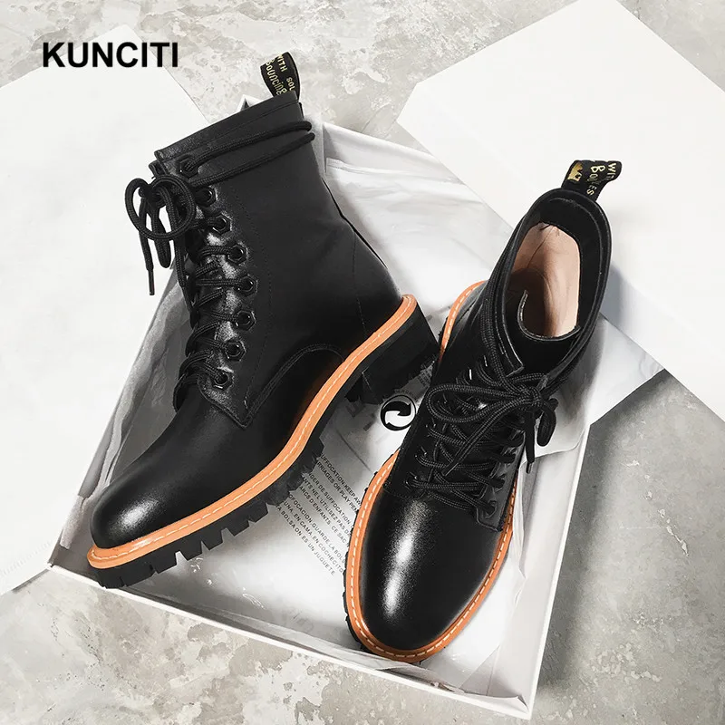 

2019 KUNCITI Women Black Boots Genuine Leather Woman Shoes Lace Up Motorcycle Boots New Arrival European Chelsea Shoes D956