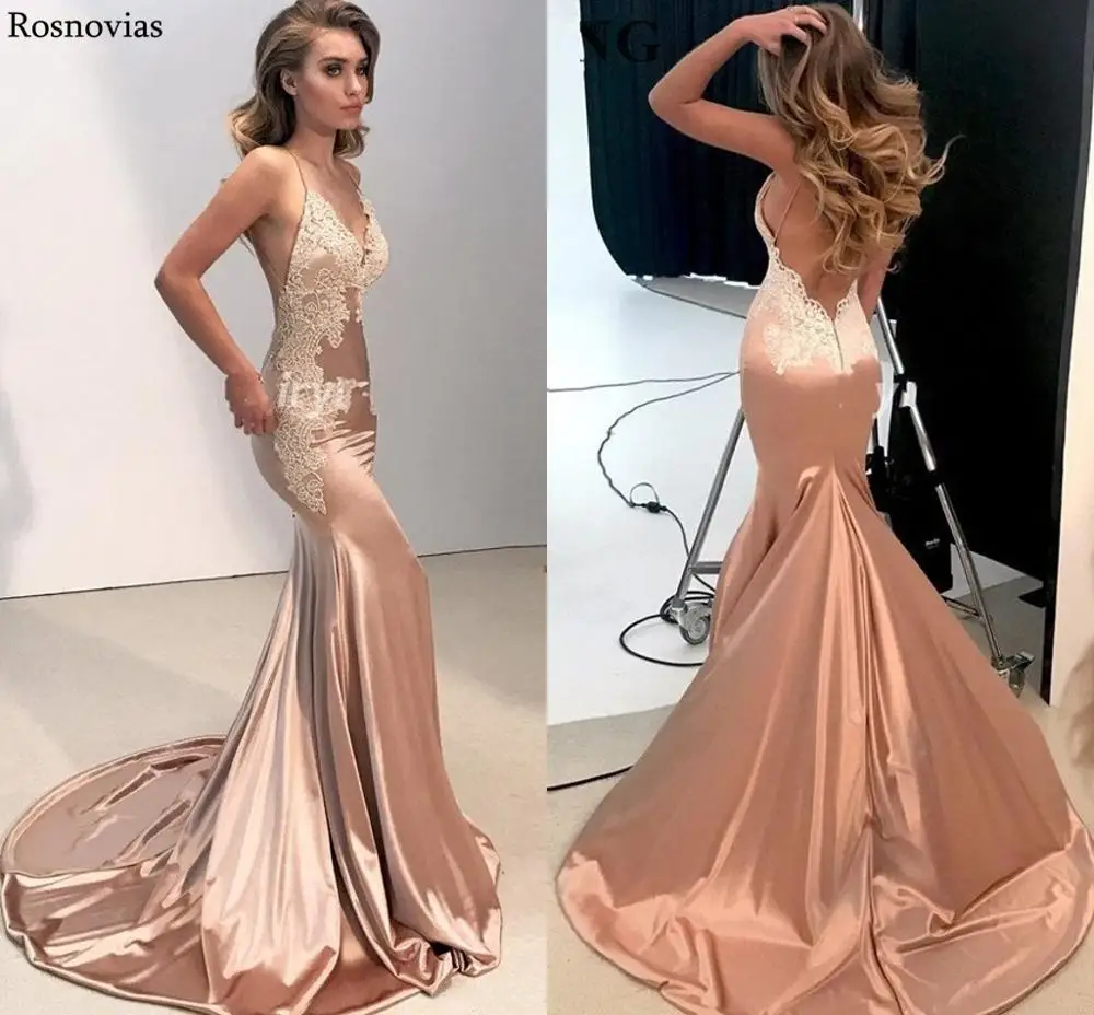 

Sexy Mermaid Evening Dresses Long Spaghetti Strap V Neck Backless Appliques Beaded Formal Party Prom Gowns Robe De Soirйe Custom