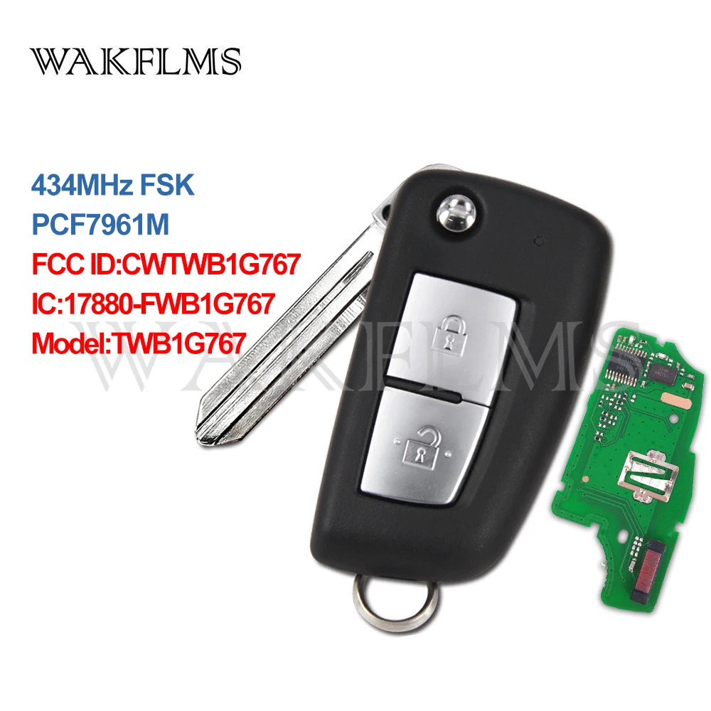 2 Buttons 433MHz PCF7961M Flip Remote Key For Nissan Qashqai  J11 Pulsar C13 Juke F15 X-Trail T32 Micra CWTWB1G767