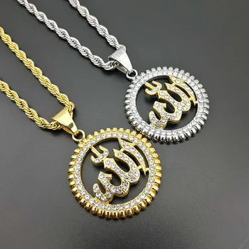

New Design Rhinestones Paved Gold Silver Stainless Steel Islam Muslim Allah Round Pendant Necklace Men Hip Hop Rapper Jewelry