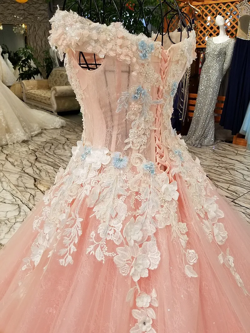 LS00368-1 pink lace 3D flowers off the shoulder evening dress luxury beautiful vestidos de fiesta largos elegantes de gala 4