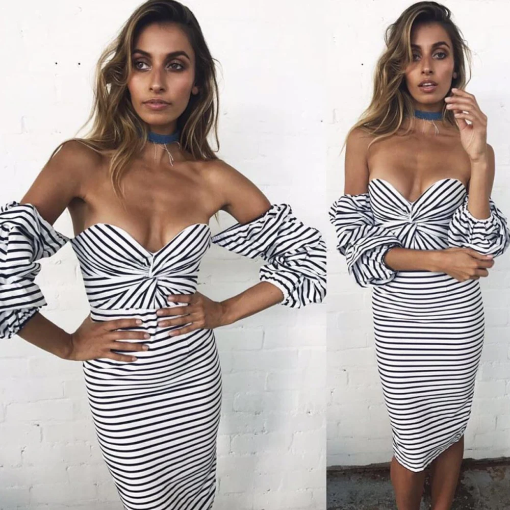 

Tosheiny 2019 Women Sexy Off Shoulder Puff Sleeve Striped Dresses Female Elegant Knee-length Dress TH000