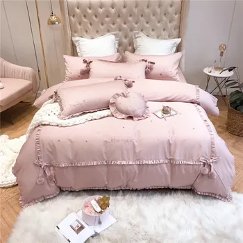 

Pink Red Luxury Princess Style Egyptian Cotton Embroidery Girl 4/7pcs Bedding Set Ruffles Duvet Cover Bed sheet/Linen Pillowcase