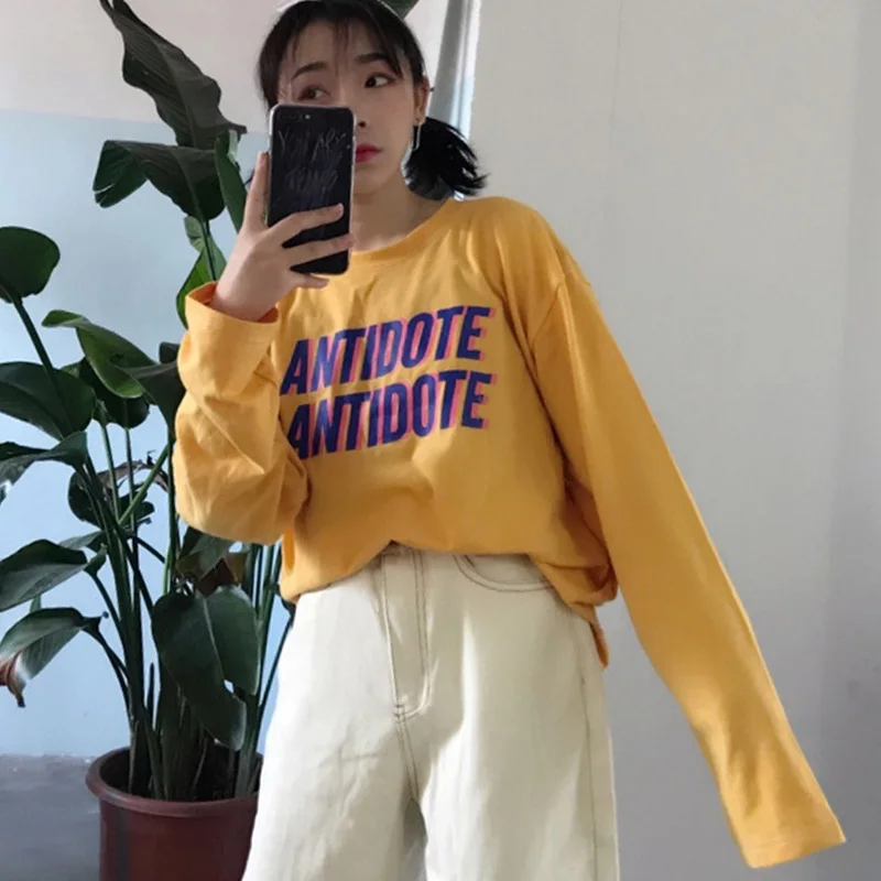 

Ladies Hip Hop T-shirts Women Long Sleeve Letter print Loose Korean Style All-match tshirt O-Neck Leisure tops Harajuku t shirt