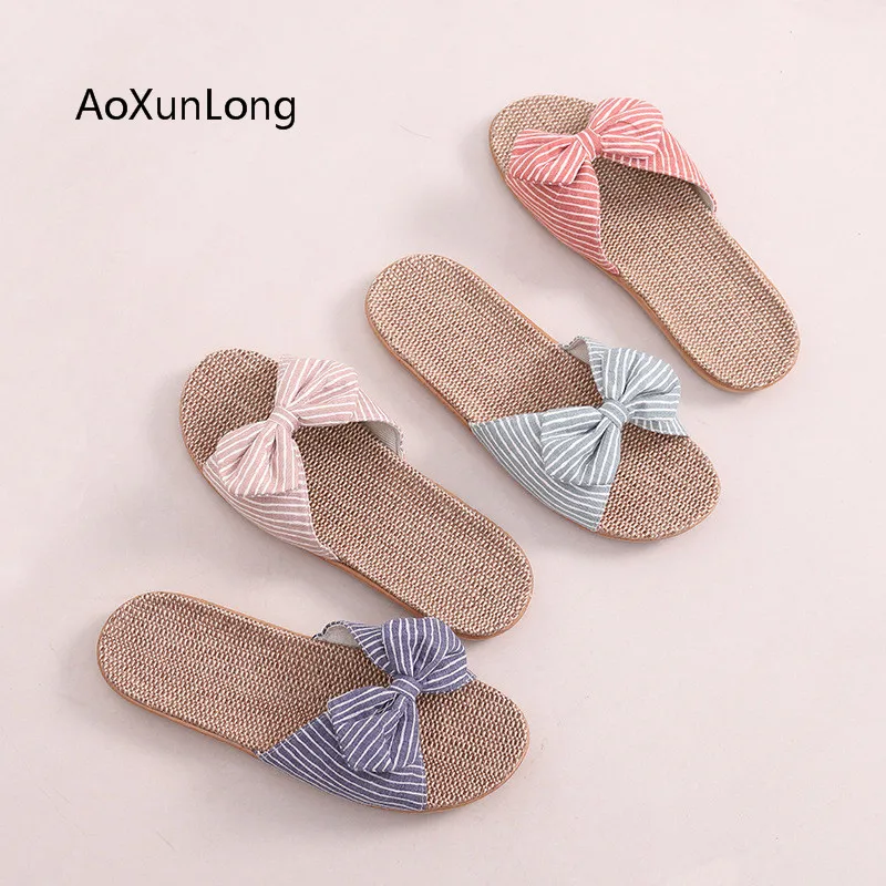 

2019 New Women Slippers Summer Home Flax Slides Bow-knot Soft Sandals Woman Indoor Flip Flops Flats Shoes Cute Linen Slippers
