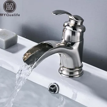 

Brushed Nickel Basin Sink Faucet Single Handle Waterfall Spout Bathroom Mixer Tap Deck Mounted Hot Cold Water Washing Tap