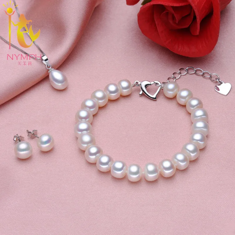 

[NYMPH] Pearl Jewelry Sets For Women White Natural Freshwater Pearl Necklace Pendant Earrings Bracelet Fine Jewelry Trendy T115