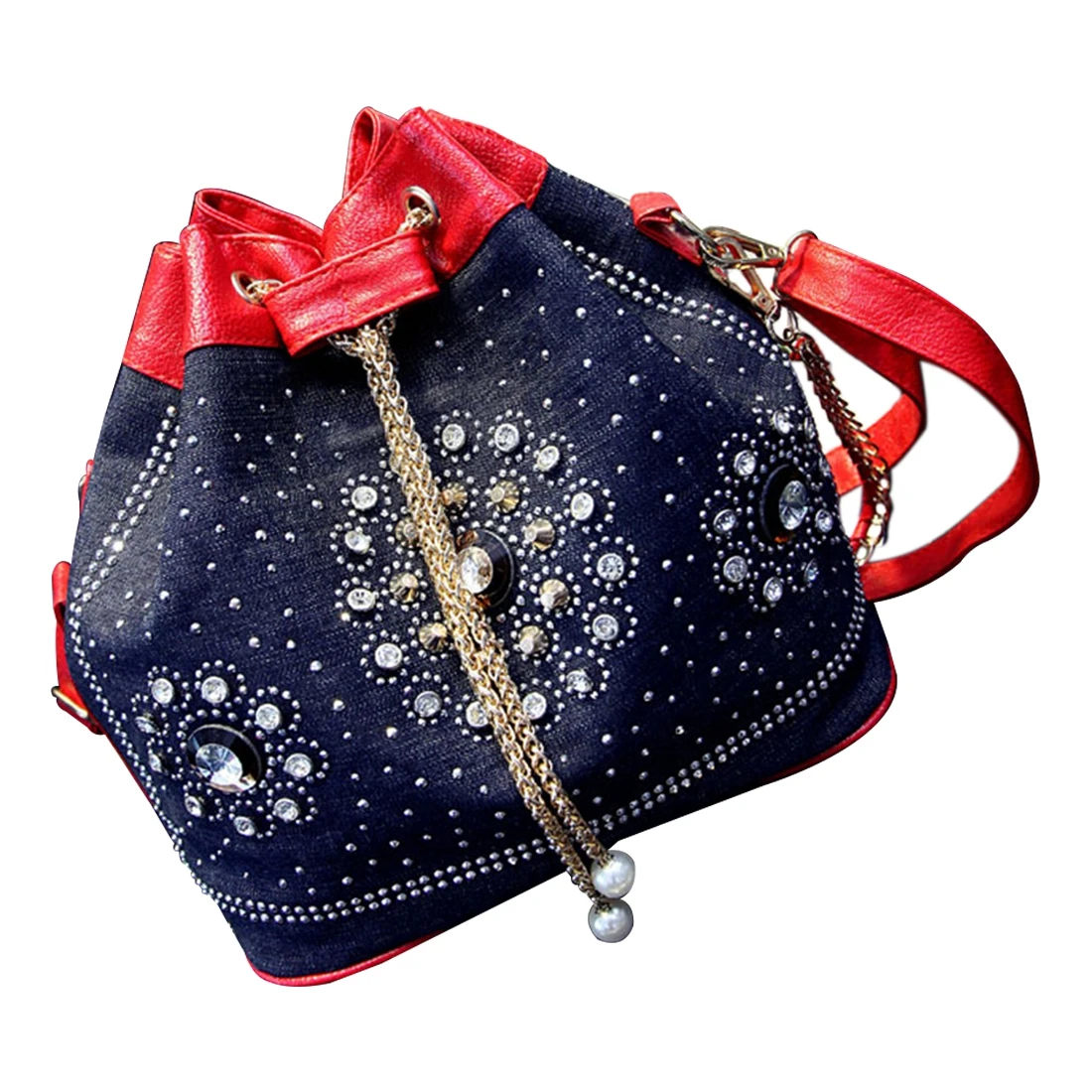

Women Vintage Denim Canvas Shoulder Chain Bucket Bag